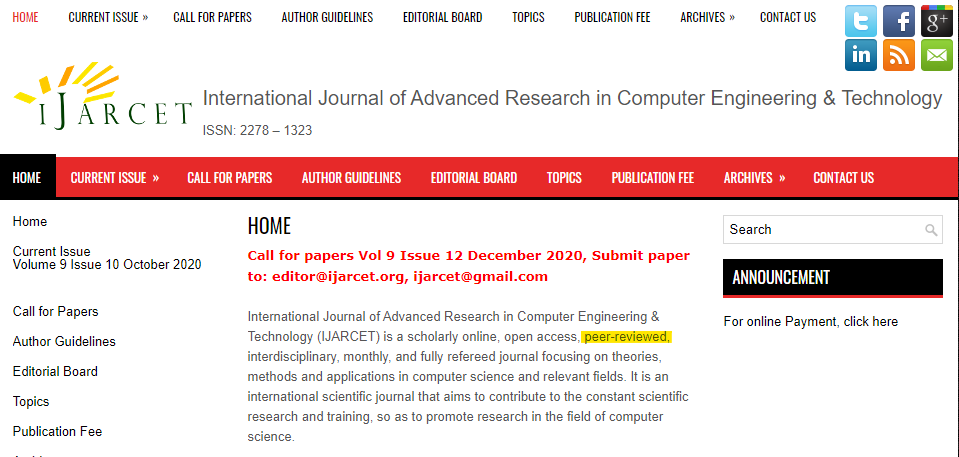 IJARCET states it is peer reviewed on its website