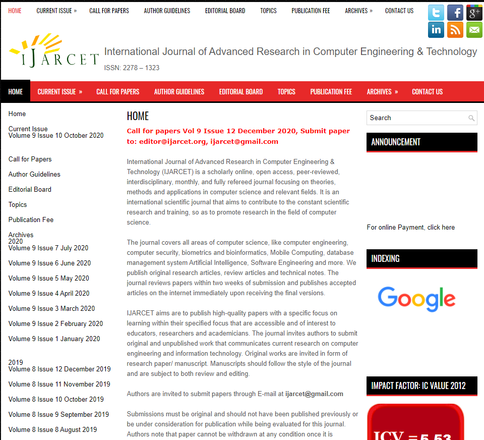 International Journal of Advanced Research in Computer Engineering & Technology homepage of International Journal of Advanced Research in Computer Engineering & Technology