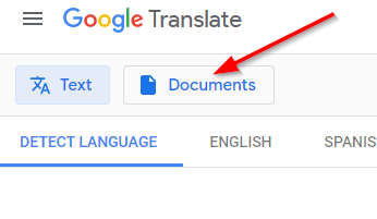 Arrow pointing to Documents button on Google Translate site